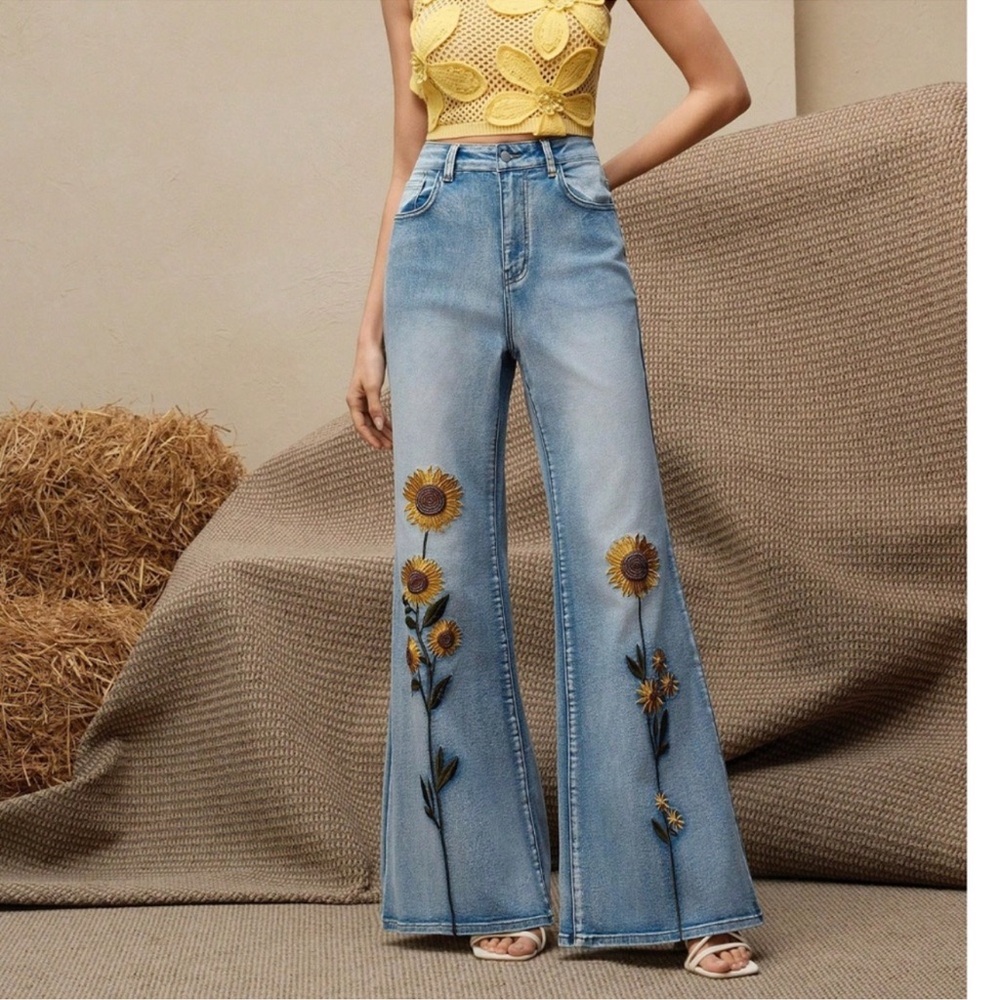 Boho Light Wash Floral Embroidered Wide Leg Denim Jeans XS S M L XL